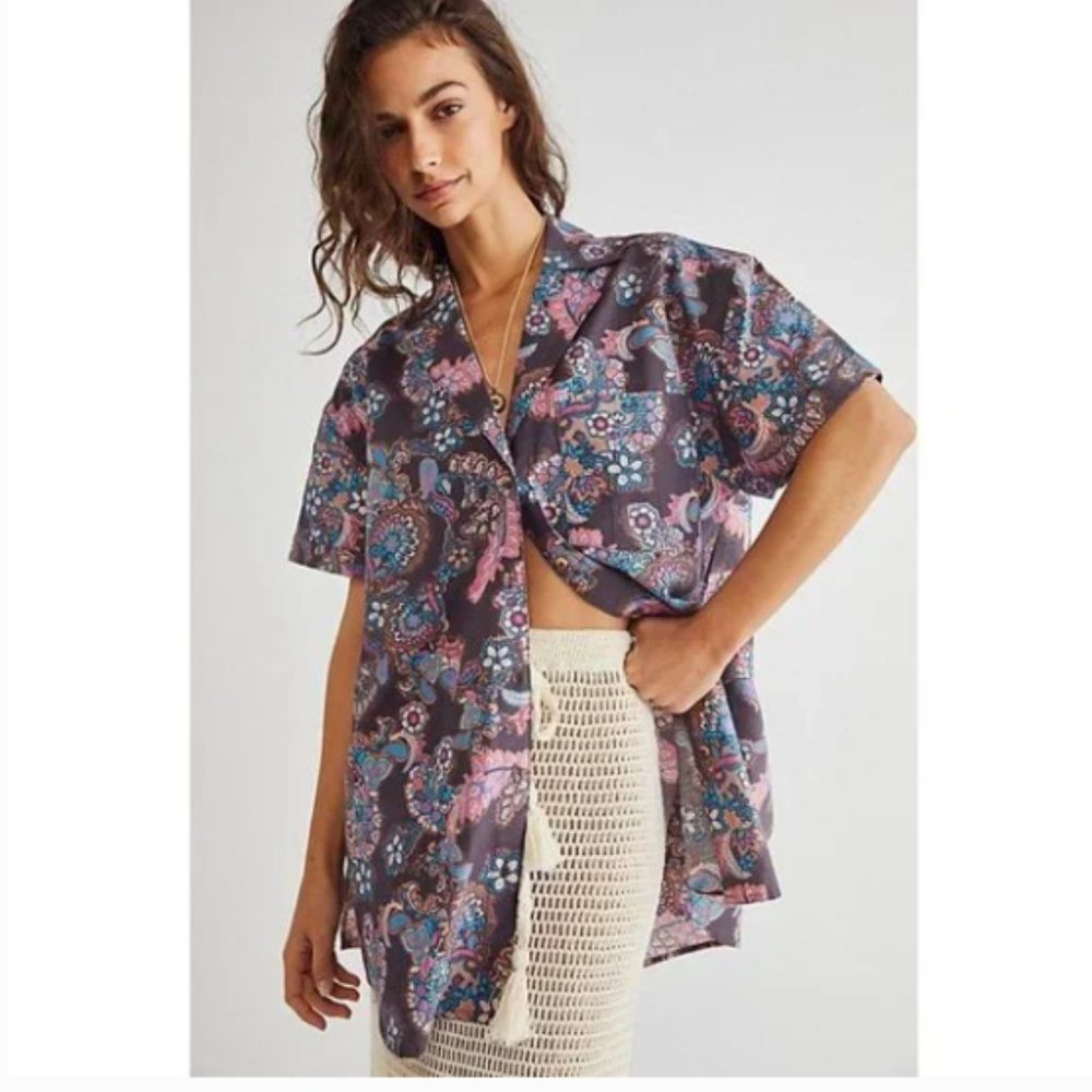 Free People Poolside Printed Boyfriend Shirt NEW